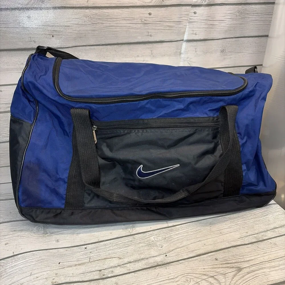 VTG 90s Y2k 2000s NIKE Swoosh Logo Blue Black Gym Travel Duffle Bag